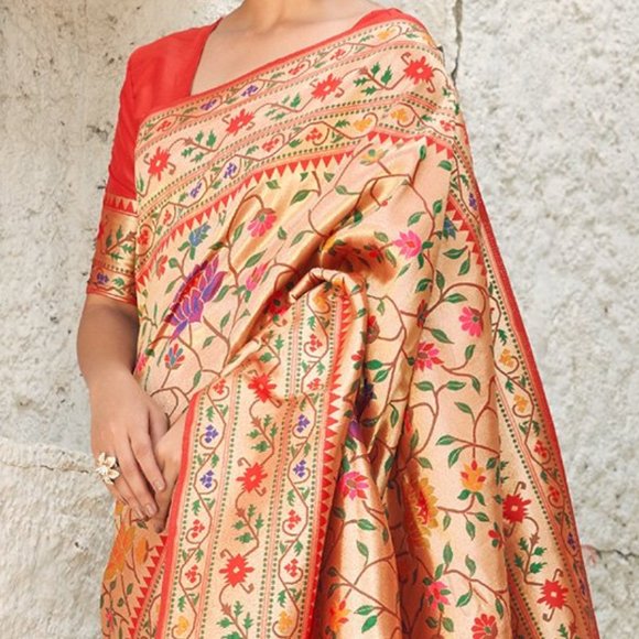 JHEAPS DARK GOLD RED PAITHANI WOVEN SILK FLORAL SAREE - Picture 4 of 5
